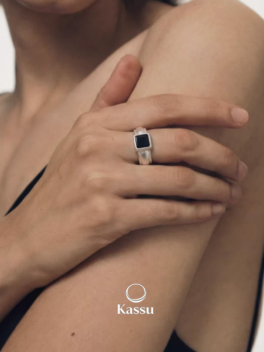 Ivory Shell & Onyx Classic Silver Ring